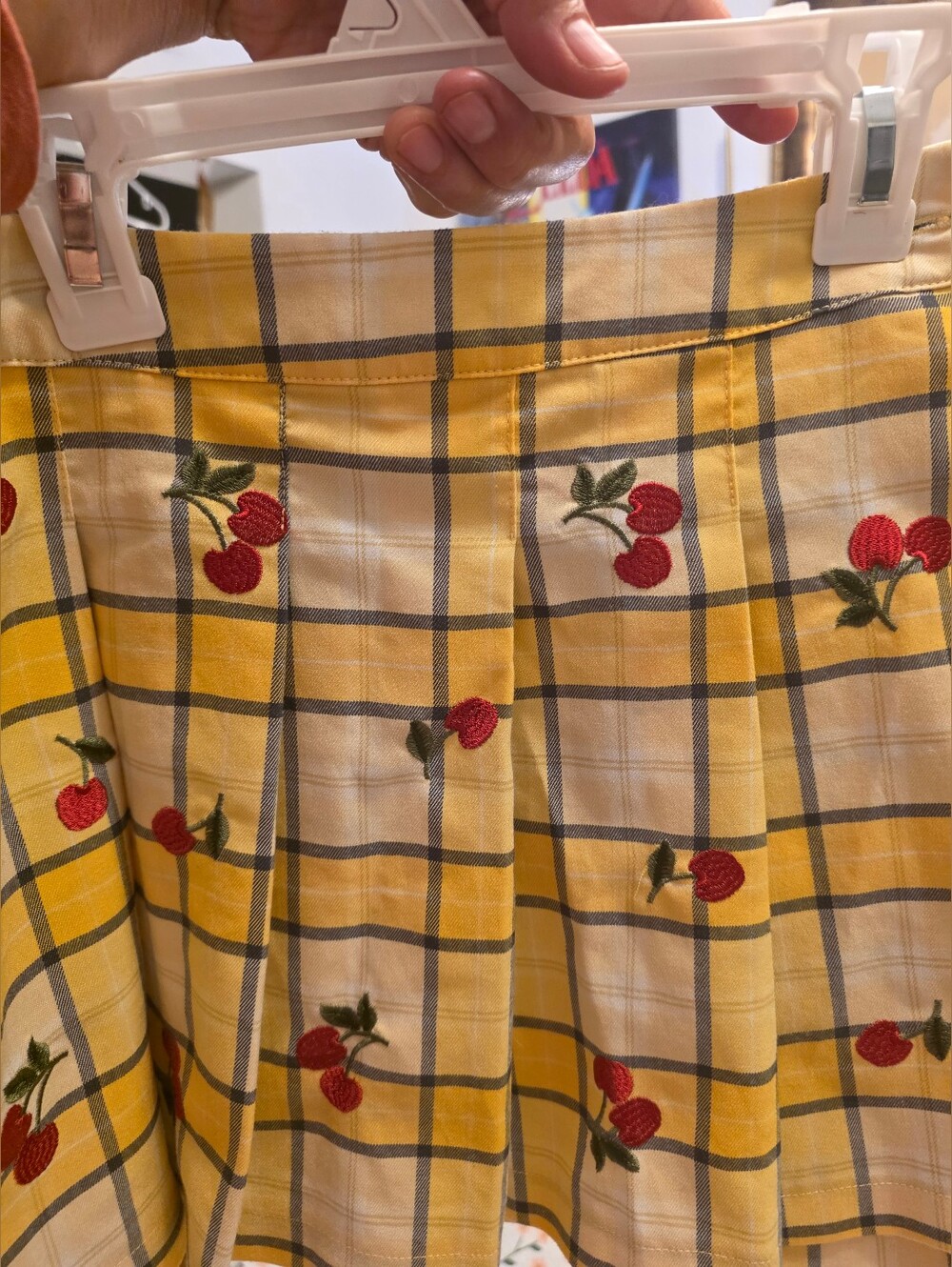 Yellow Plaid Cherry Embroidered Skirt